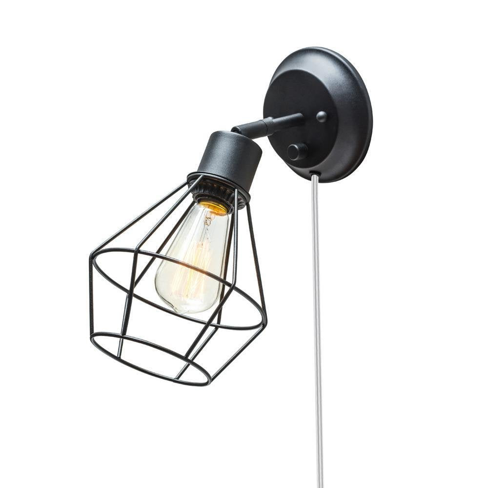 GLOBE Electric 65291 1-Light Plug-in or Hardwire Industrial Cage Wall Sconce, Matte Black Finish, On/Off Rotary Switch, 6ft Clear Cord, Wall Lights