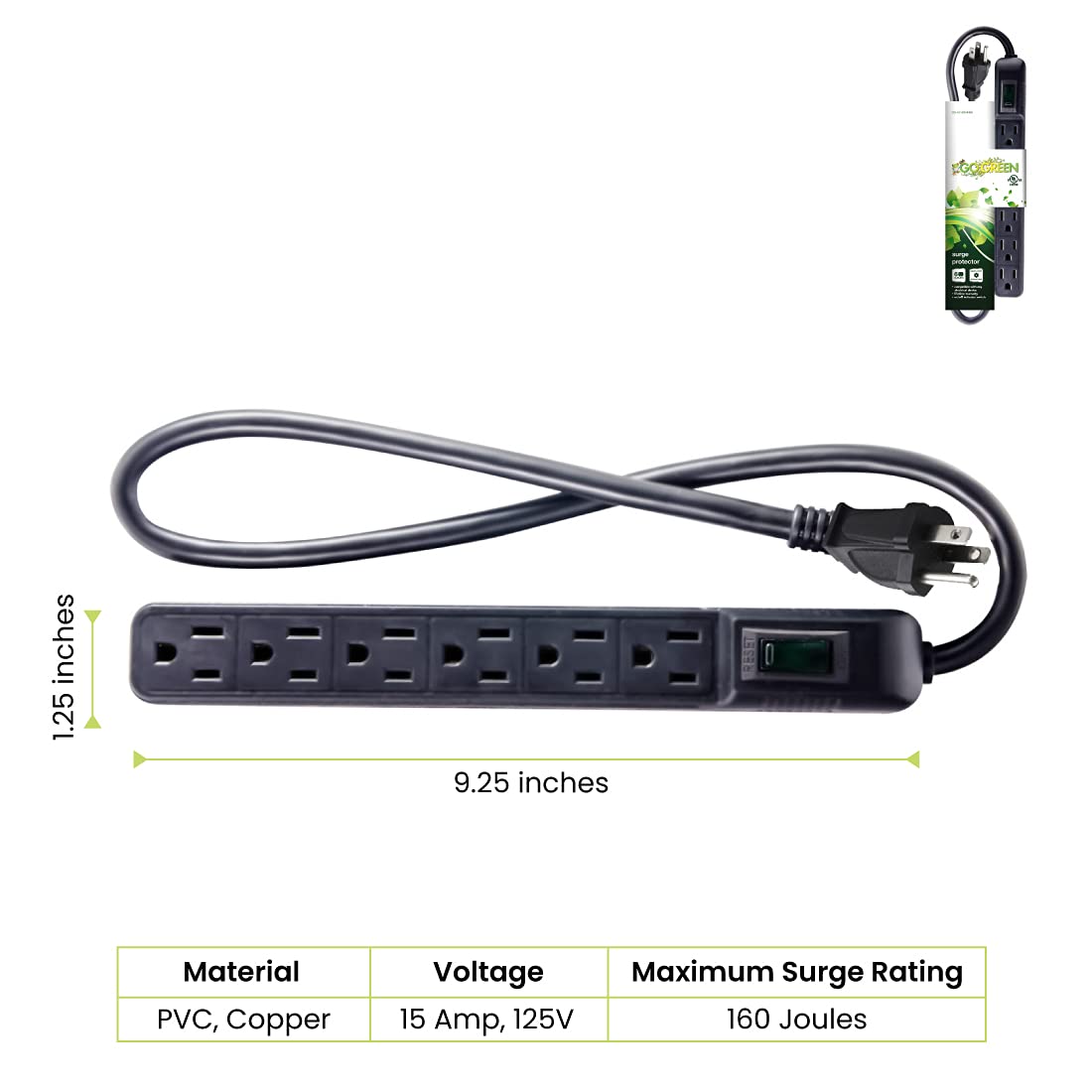 Go Green Power Inc. GG-16103MINBK 6 Outlet Surge Protector, Black