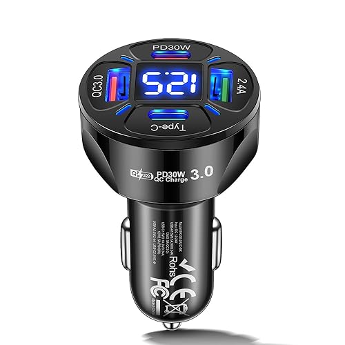 Alanph Multi Port USB C Car Phone Charger Adapter with Voltmeter, 4 in 1 100W Fast Charging Cigarette Lighter USB Charge for iPhone 16 15 14 13 12 11