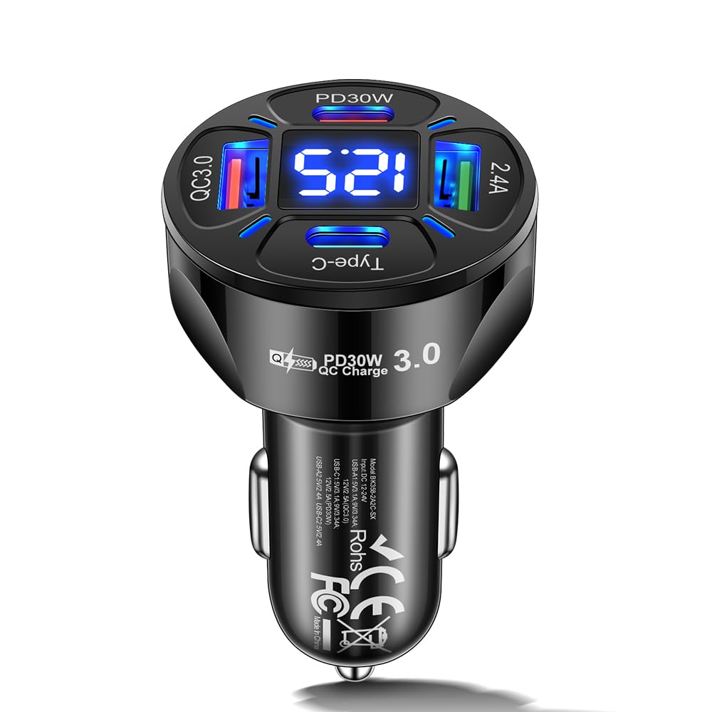 Alanph Multi Port USB C Car Phone Charger Adapter with Voltmeter, 4 in 1 100W Fast Charging Cigarette Lighter USB Charge for iPhone 16 15 14 13 12 11