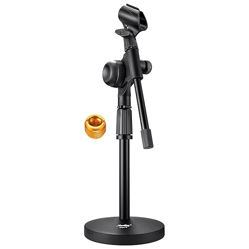Moukey Mic Stand Desk Adjustable Tabletop Microphone Stand with Non-Slip Mic Clip, Short Table Mic Stand with Gear Fixing, Boom Arm, 3/8" and 5/8"