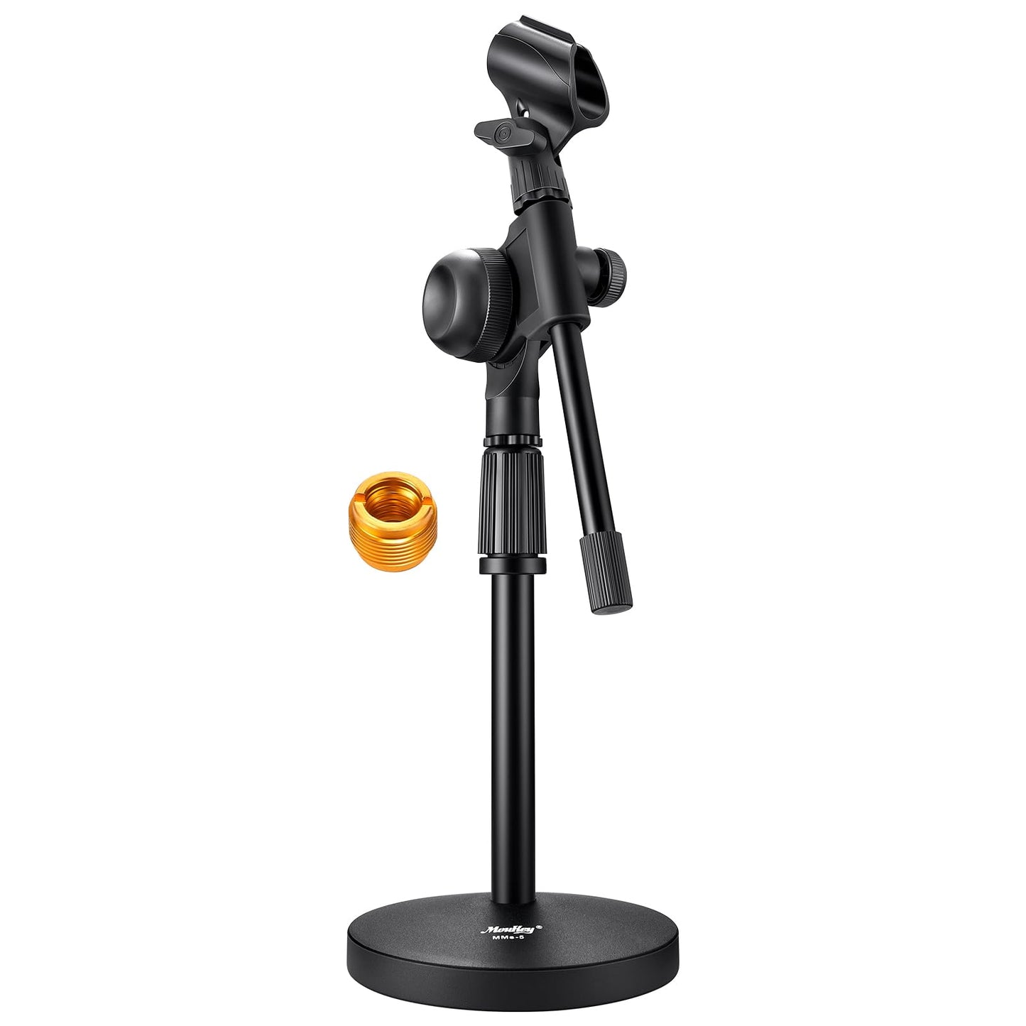 Moukey Mic Stand Desk Adjustable Tabletop Microphone Stand with Non-Slip Mic Clip, Short Table Mic Stand with Gear Fixing, Boom Arm, 3/8" and 5/8"
