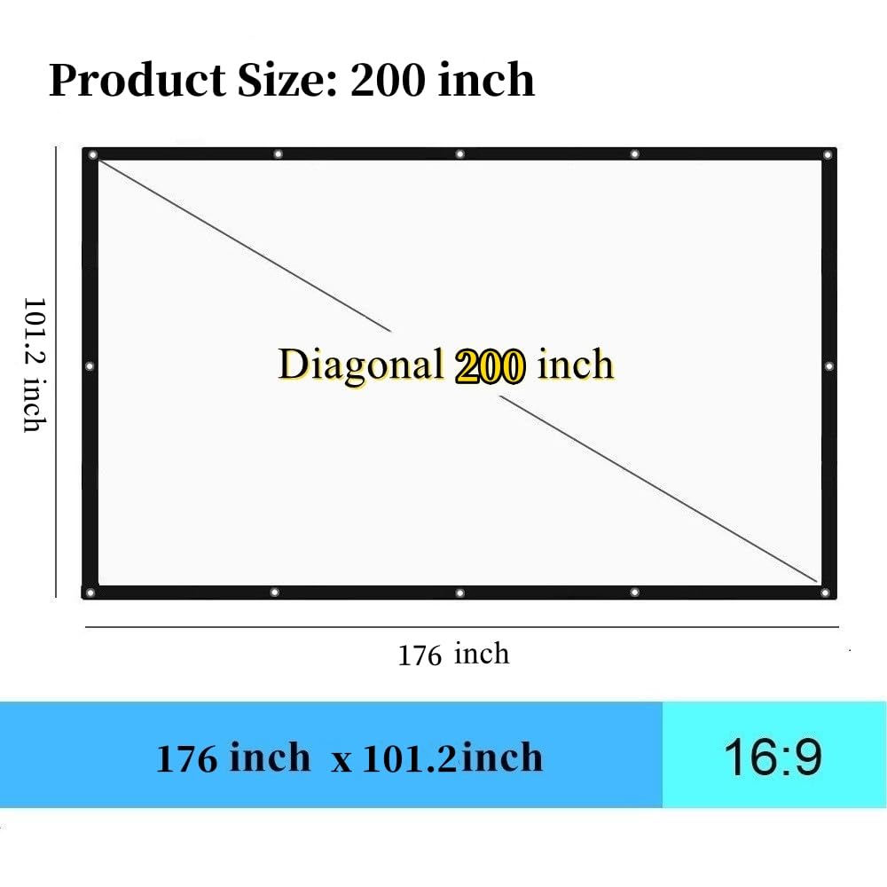 200 Inch Portable Outdoor Projector Screen, WRLSUN 16:9 Folding HD Big Size Canvas Movie Screen for Home Theater, School, Office, Party, Sports Events