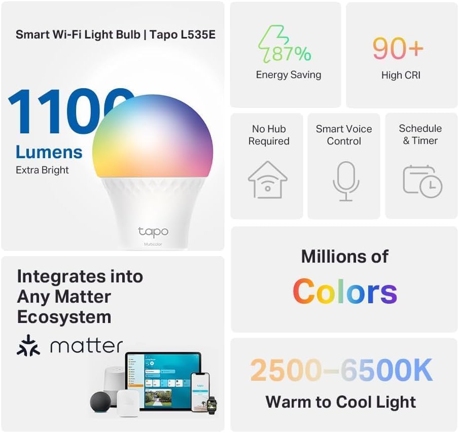 Tapo Multicolor Dimmable Smart Light Bulbs, L535E(2-Pack), A19 E26, 1100LM
