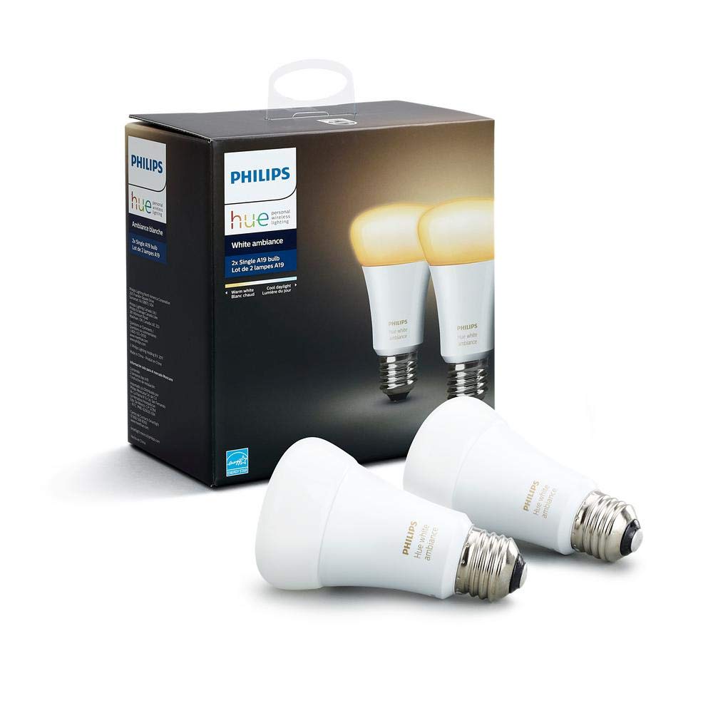 Philips Hue White Ambiance A19 2-Pack 60W Equivalent Dimmable LED Smart Bulbs (Hue Hub Required, Works with Alexa, Apple Homekit & more), Old Version