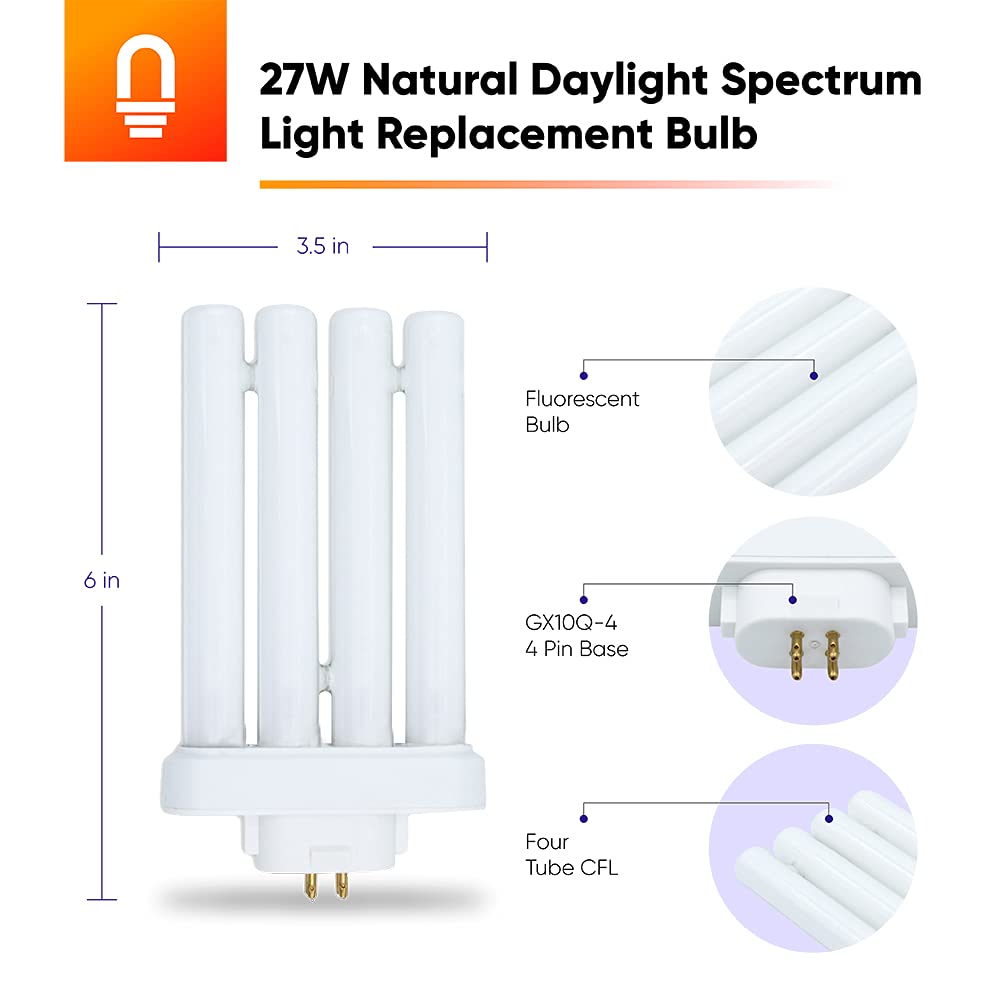 Replacement Light Bulbs for CFML27VLX 27 Watt Natural Daylight Spectrum Light Bulb by Lumenivo - 27 Watt 6500K Bulb Four Tube CFL with GX10Q-4 4 Pin