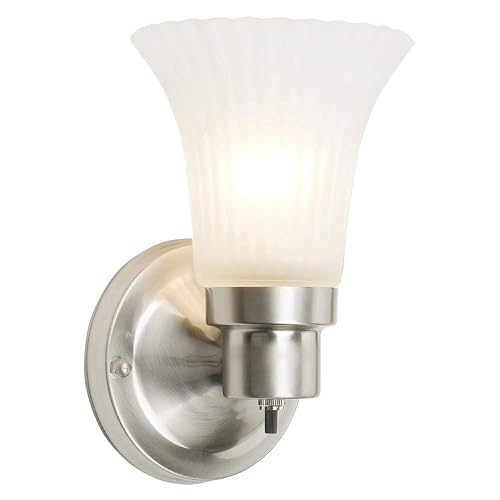 Design House Village Traditional 1-Light Indoor Dimmable Wall Sconce, Frosted Flute Glass, Twist On/Off Switch, Bathroom Bedroom Hallway, Satin