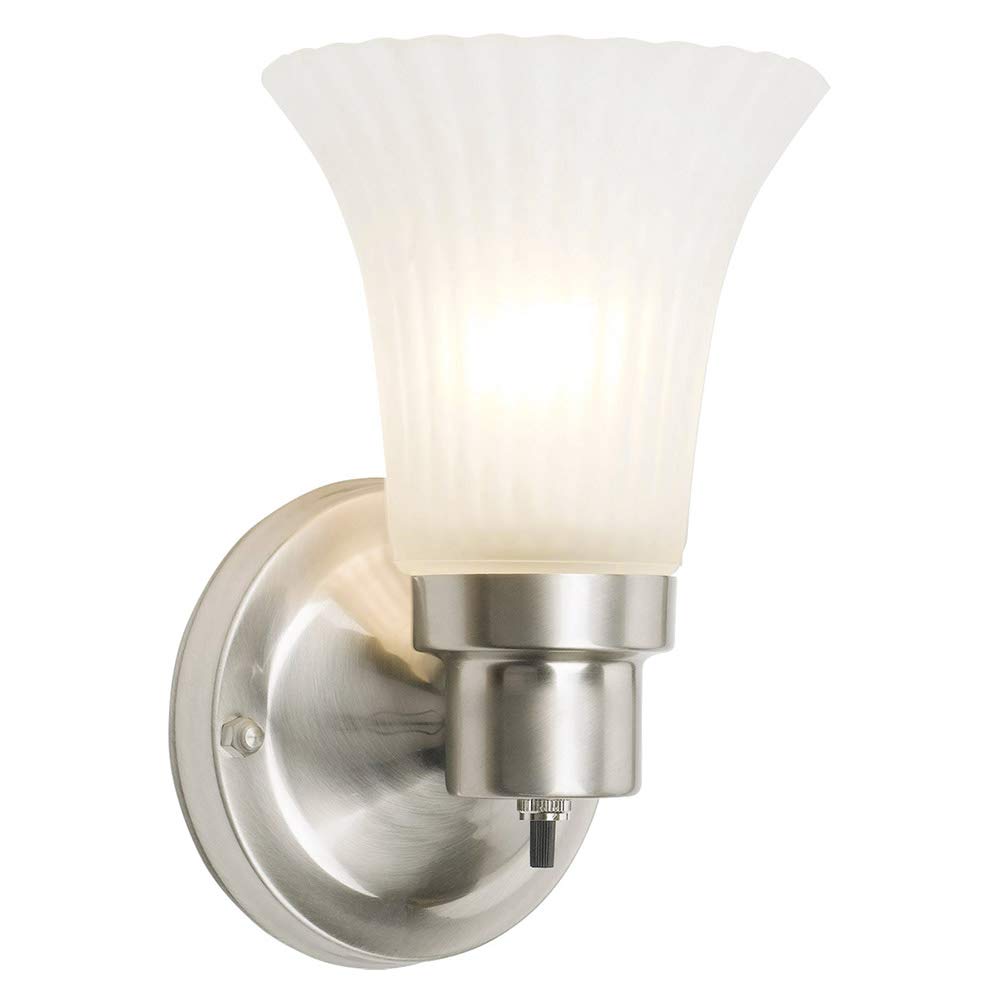 Design House Village Traditional 1-Light Indoor Dimmable Wall Sconce, Frosted Flute Glass, Twist On/Off Switch, Bathroom Bedroom Hallway, Satin