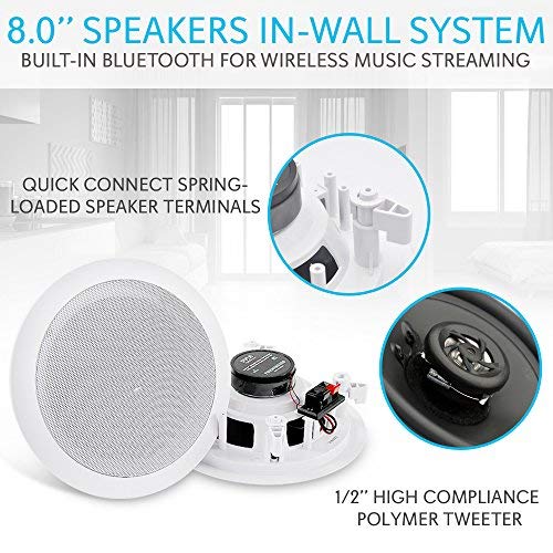 Pyle Pair 8" Bluetooth Flush Mount In-wall In-ceiling 2-Way Universal Home Speaker System Spring Loaded Quick Connections Polypropylene Cone Polymer
