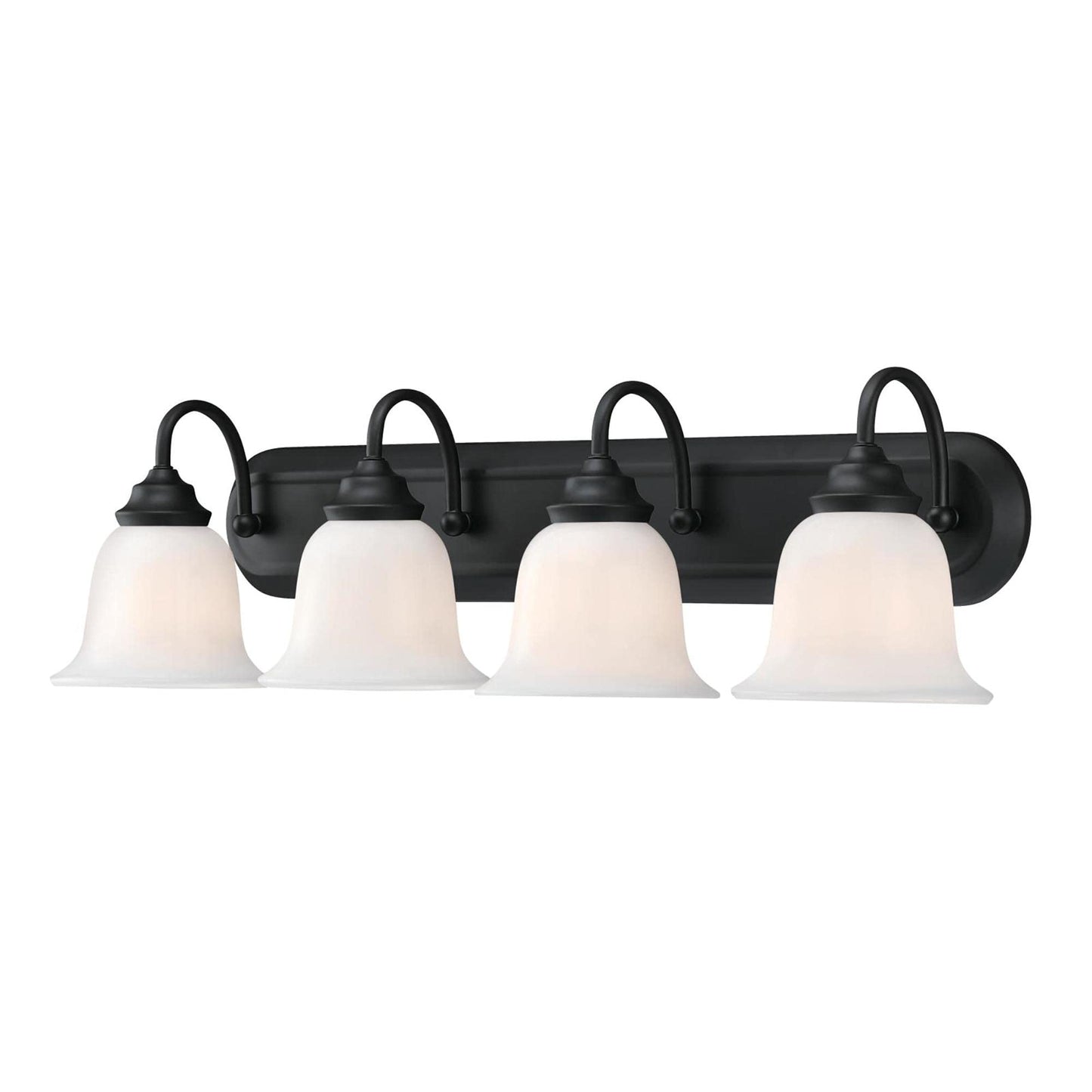 Westinghouse 6117100 Harwell Traditional Four-Light Indoor Vanity Light Fixture, Matte Black Finish, White Opal Glass