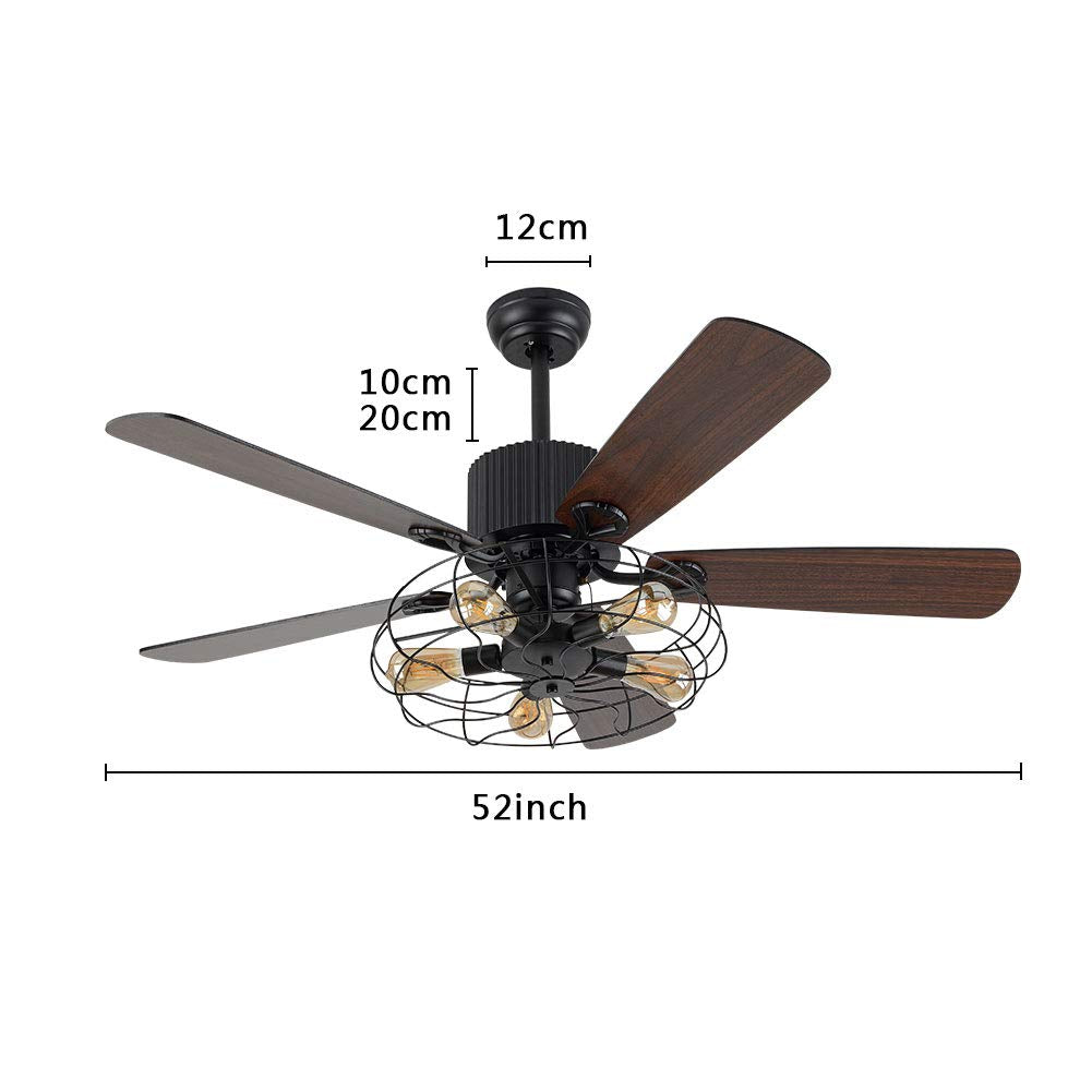 WUPYI 52 Inch Black Ceiling Fan with LED Light and Remote Control,Creative Design Chandelier Fan Light with 5 Wood Reversible Blades Black Metal