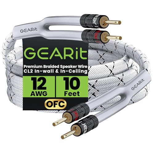 GearIT 12AWG Premium Heavy Duty Braided Speaker Wire Cable (10 Feet) Dual Gold Plated Banana Plug Tips - in-Wall CL2 - Oxygen-Free Copper (OFC) White
