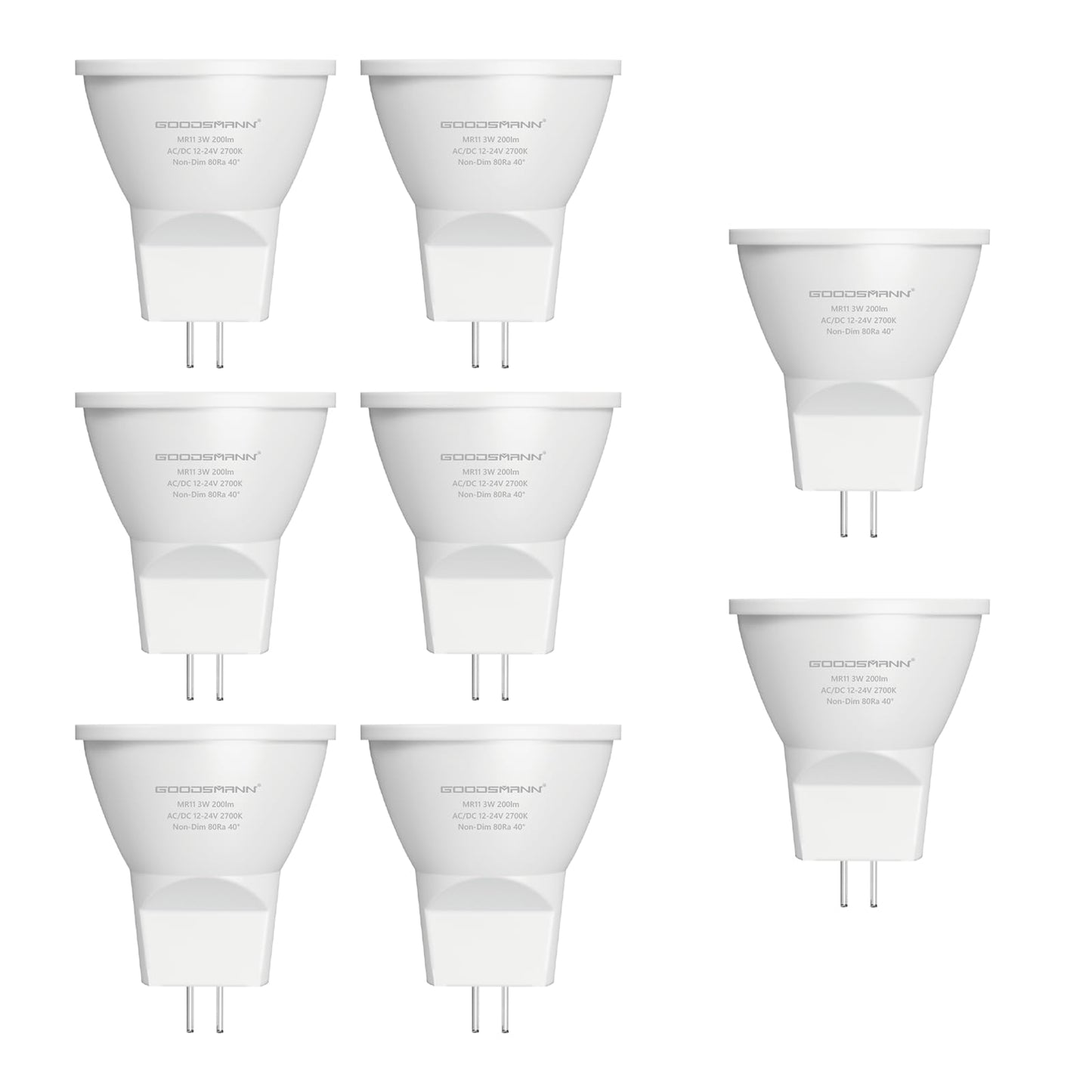 GOODSMANN 8-Pack MR11 LED Bulbs GU4 Bi-Pin Base 3W 200 Lumens 2700K Warm White 12-24V AC/DC Low Voltage Bulbs for Landscape Pathway Lights