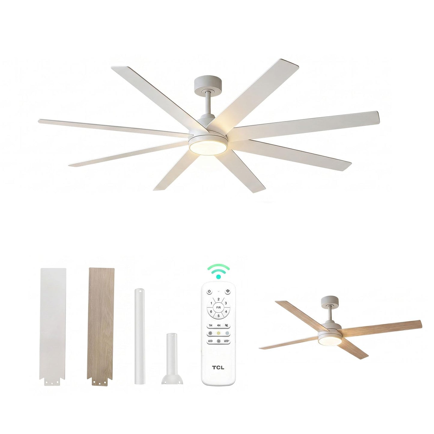 TCL 72 Inch White Large Ceiling Fans with Lights and Remote
