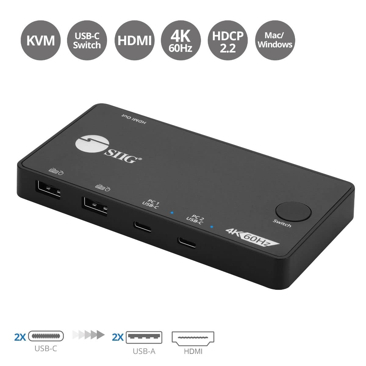 SIIG 2 Port USB-C KVM Switch - 2 Computers to 1 Monitor - 2X USB-A + 2X USB-C - Single 4K 60Hz HDMI, USB-C Bus Powered, Button Control, Thunderbolt 3