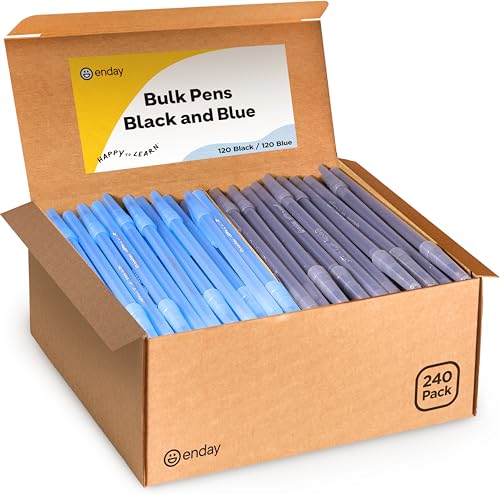 Enday Ballpoint Pens Bulk Blue and Black Pens (240 Pack) 120 Black & 120 Blue - Medium Point (1.0mm) Flexible Round Barrel For Writing Comfort, Pens