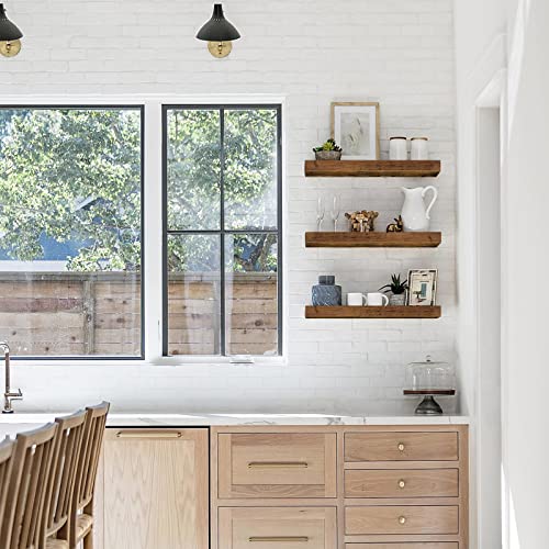 QEEIG Floating Wall Shelves – 16" Rustic Brown Set of 3 for Bathroom, Bedroom, Kitchen, Living Room & Farmhouse Decor