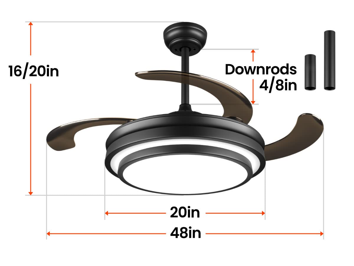 48 Inch Retractable Ceiling Fan with Lights and Remote,Black Fandelier Ceiling Fan with APP Control 6 Speed Dimmable LED Ceiling Fans Silent