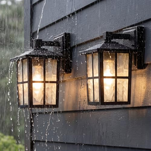 KDG Outdoor Waterproof Patio Wall Light Fixtures Set of 2, Black E26 Socket Exterior Lanterns with Tempered Glass, Modern Wall Mounted Lamp Suitable