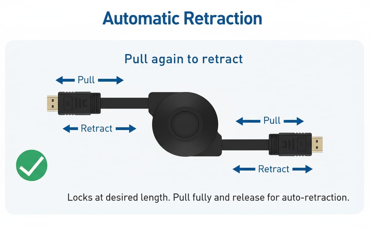 JCNio Retractable HDMI 2.0 Cable 1.5m/5ft Length 4K Resolution, Black