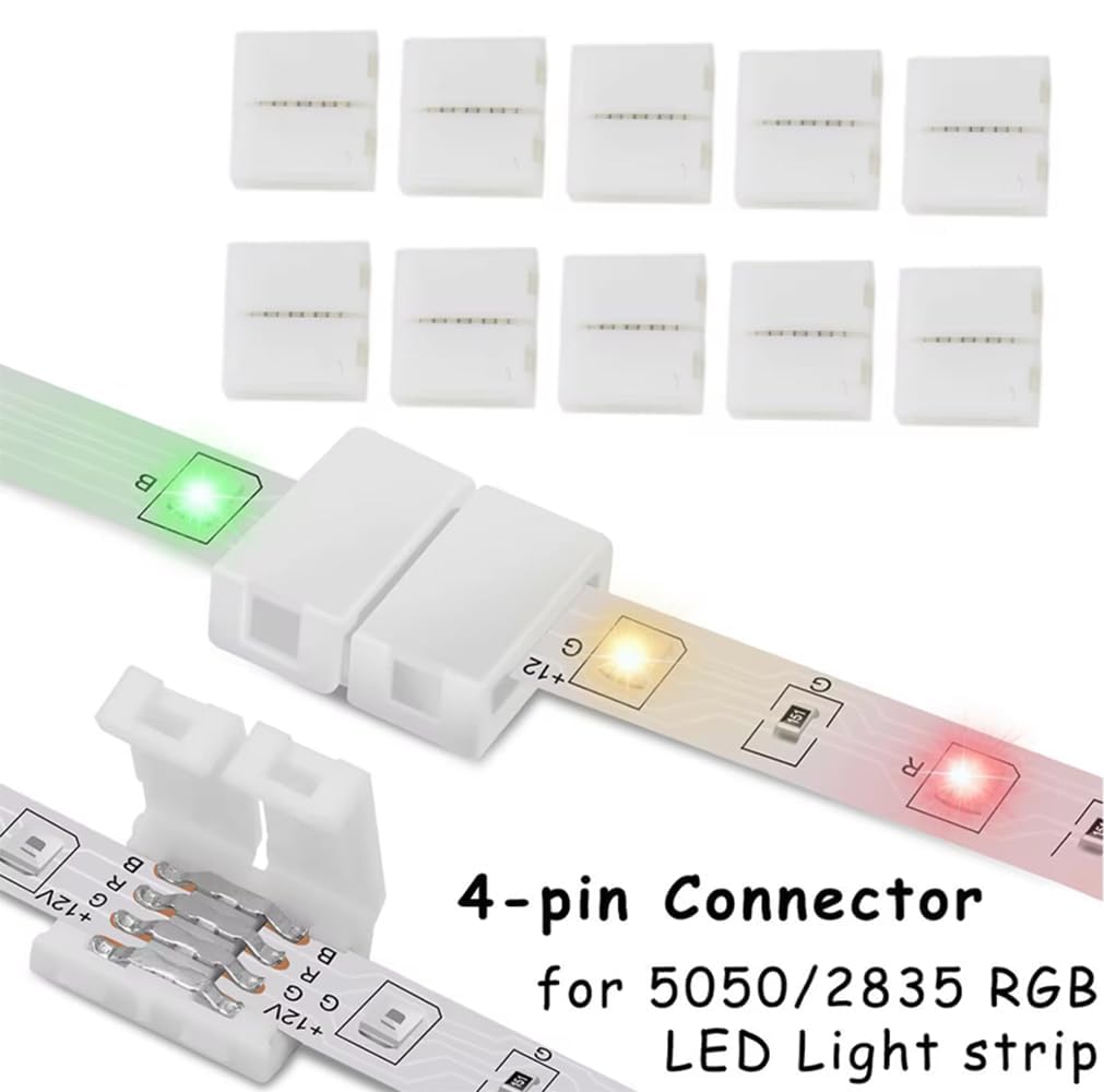 LED Light Strip Connectors for RGB Strip Lights, 10-Pack 4pin 8mm Gapless Seamless Connectors, 5 Pack Strip for Stripping Jumper Extension Connector
