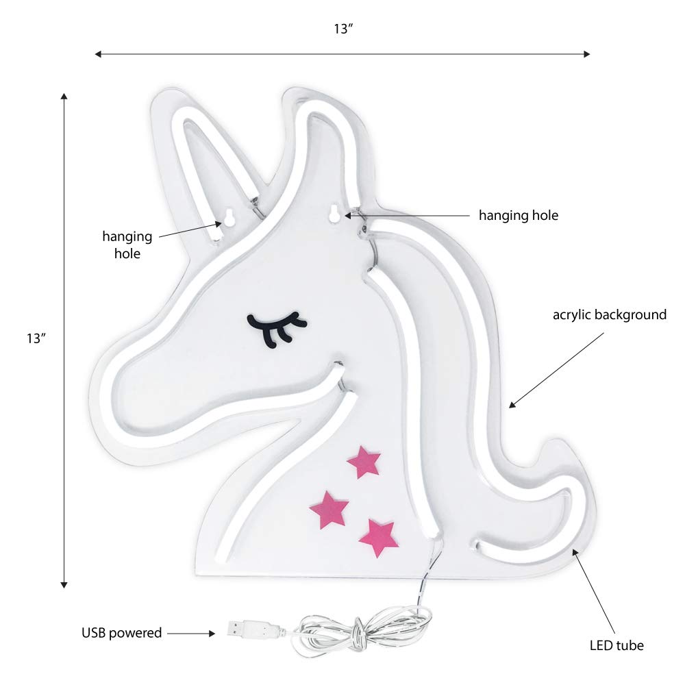 Isaac Jacobs 13" x 13" inch LED Neon Pink and White Unicorn Wall Sign For Cool Light, Wall Art, Bedroom Decorations, Home Accessories, Party