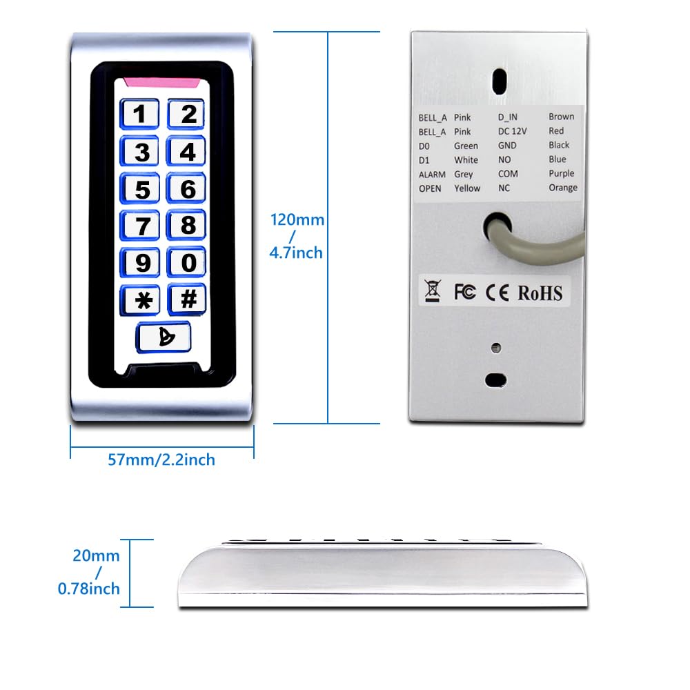 Door Access Control System Stand-Alone Password Keypad + 5PCS Proximity Keychains, Support 2000 Users Card Reader, Weatherproof, Backlight, Zinc Alloy