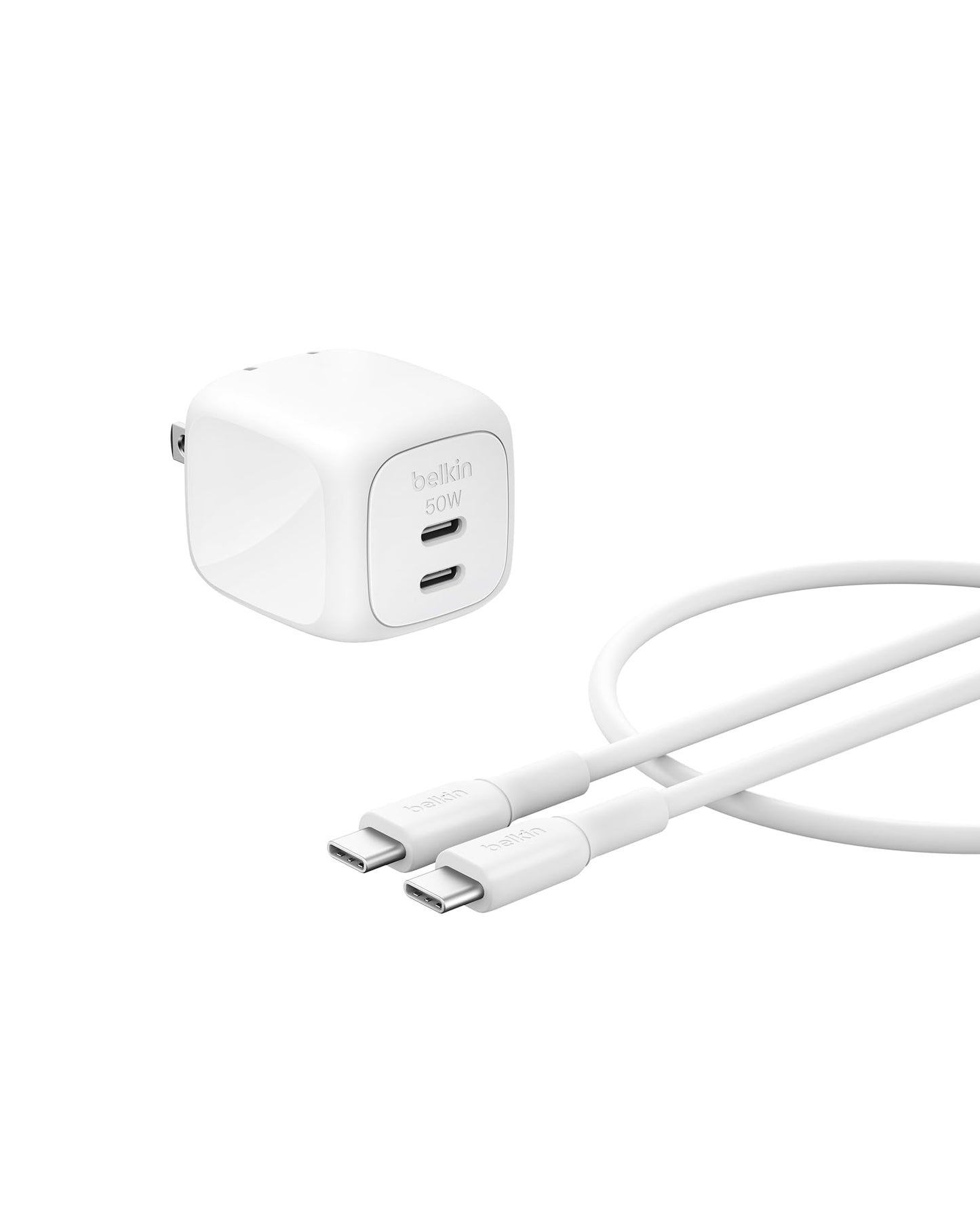 Belkin 2-Port USB C Charger Block 50W, Dual-Port GaN Charger w/ 2X USB C Ports & Included 1M C-C Cable, Fast Charging for MacBook, iPhone, iPad