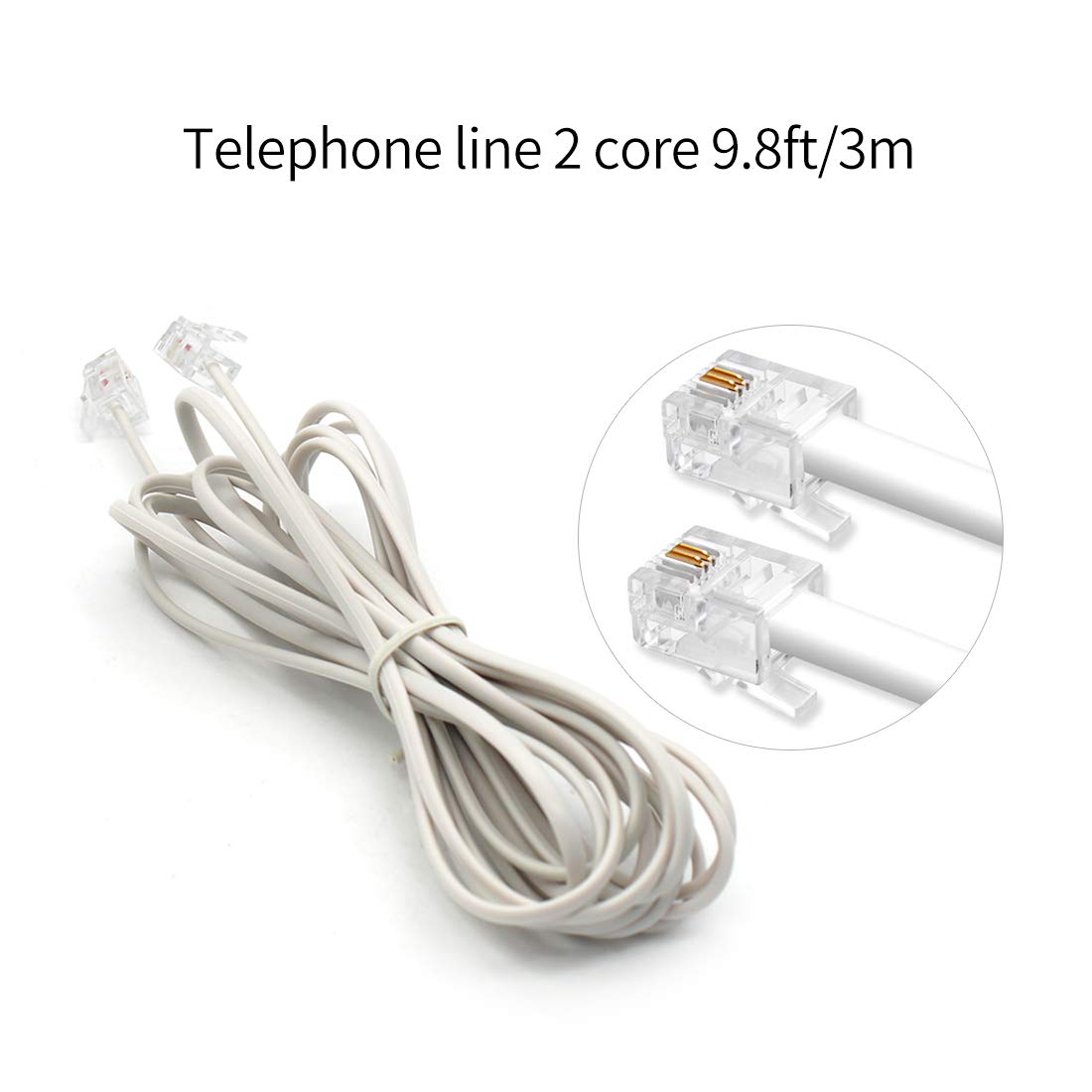 OLIREXD 2Pcs RJ11 Telephone Cable, 9.8 Feet Phone Line Cord, Male to Male 6P2C Phone Extension Straight Cable Wire, White Modular Landline Cable