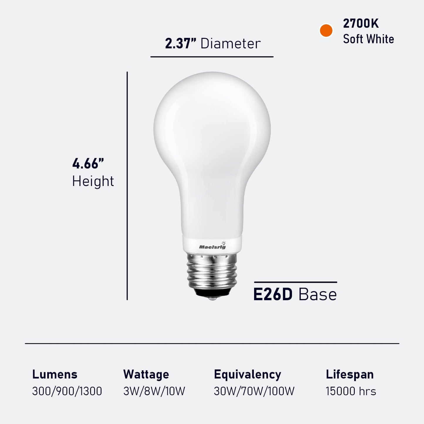 Maelsrlg 3-Way Light Bulbs, 30 70 100 Watt Equivalent, Soft White 2700K, A19 Three Way LED Bulbs, 3W/8W/10W, E26 Medium Base, Pack of 4