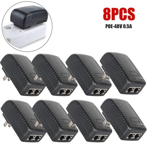 8X 48V 0.5A Passive PoE Power Injector Kit - for IP Cameras & VoIP Phones, US Plug, AC 100-240V Input, 24W DC Output, Certified Safety