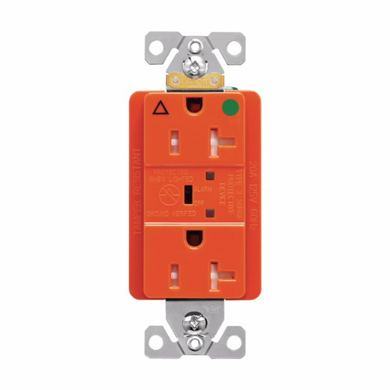 Eaton TRIG8362RNS 20 Amp TVSS Surge Protection Duplex Receptacle w/Alarm and LED Indicators, Hospital Grade, Tamper Resistant, Orange w/LED Indicators