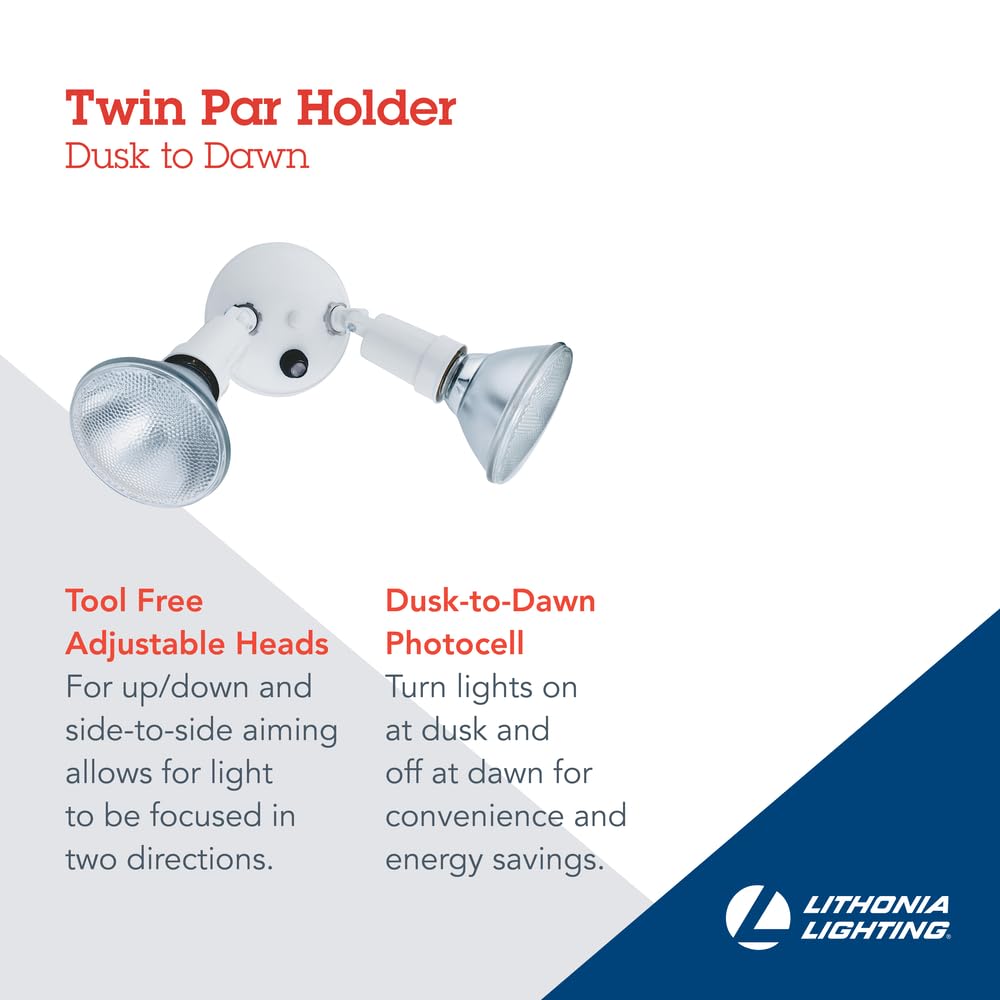Lithonia Lighting Adjustable Dusk Dawn Security Light, Twin Par Outdoor Flood Light Holder, Photocell Sensor, 120 Volts, Uses 2 Lamps Up to 150W (Not