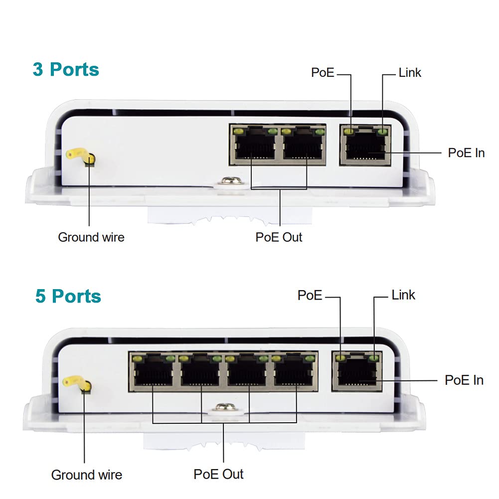Outdoor 5 Port PoE Switch/Extender/Booster, 60W 48V 10/100/1000M POE Passthrough Switch Outdoor Ethernet Extender?PoE Repeater,6KV Lightning