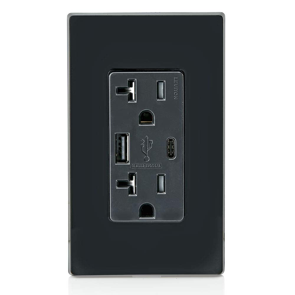 Leviton Type A & Type-C USB In-Wall Charger with 20A Tamper-Resistant Outlet, USB Charger for Smartphones and Tablets. Not for Laptops, T5833-E, Black