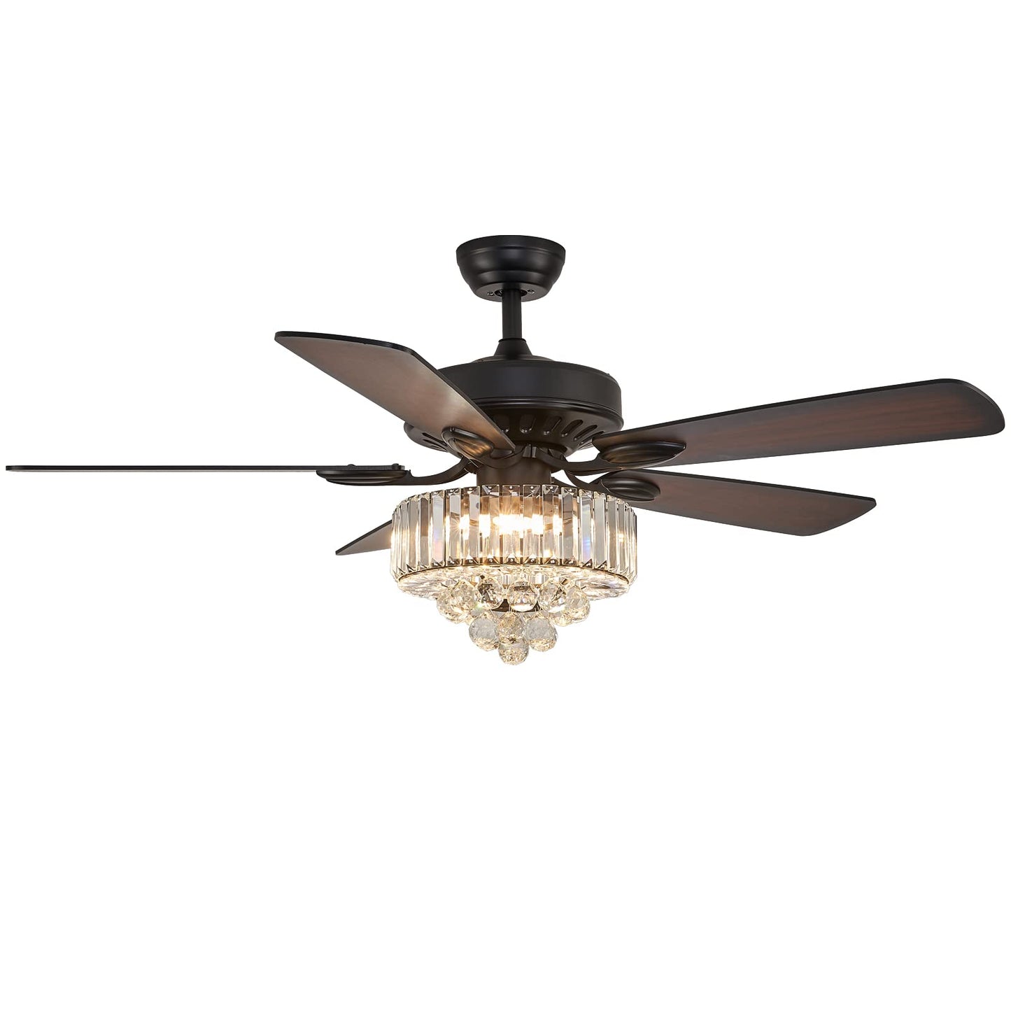 NOXARTE 52 Inch Crystal Ceiling Fan with Light, Modern LED Fandelier with Remote, Black Chandelier Fan Reverse Motor Wood Blades with 6 Speeds