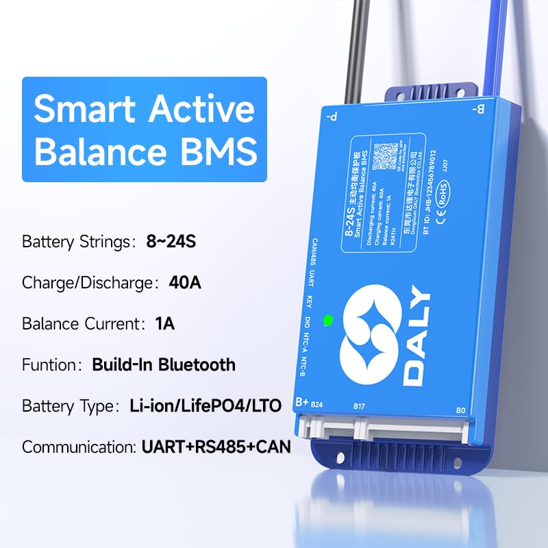 DALY 40A 8S-24S 24V-84V Smart BMS with 1A Active Balancer and Build-in Bluetooth RS485 CAN for Lithium Battery NCM/LFP/LTO Pack
