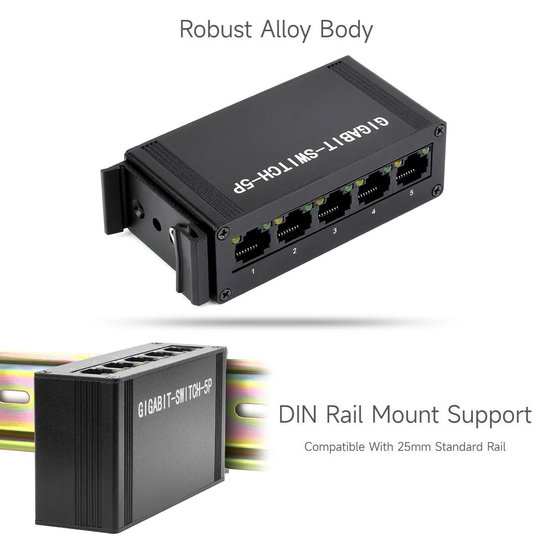 Waveshare Industrial Grade 5P Gigabit Ethernet Switch IEEE 802.3X-Compliant Full-Duplex 10/100/1000M Connection DIN Rail Mount