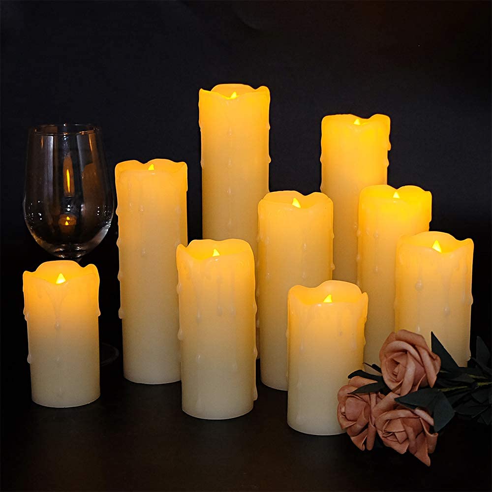 DRomance Flameless Flickering Candles Battery Operated with Remote and Timer, Set of 9 Dripping Real Wax Warm Light LED Pillar Candles for Holiday