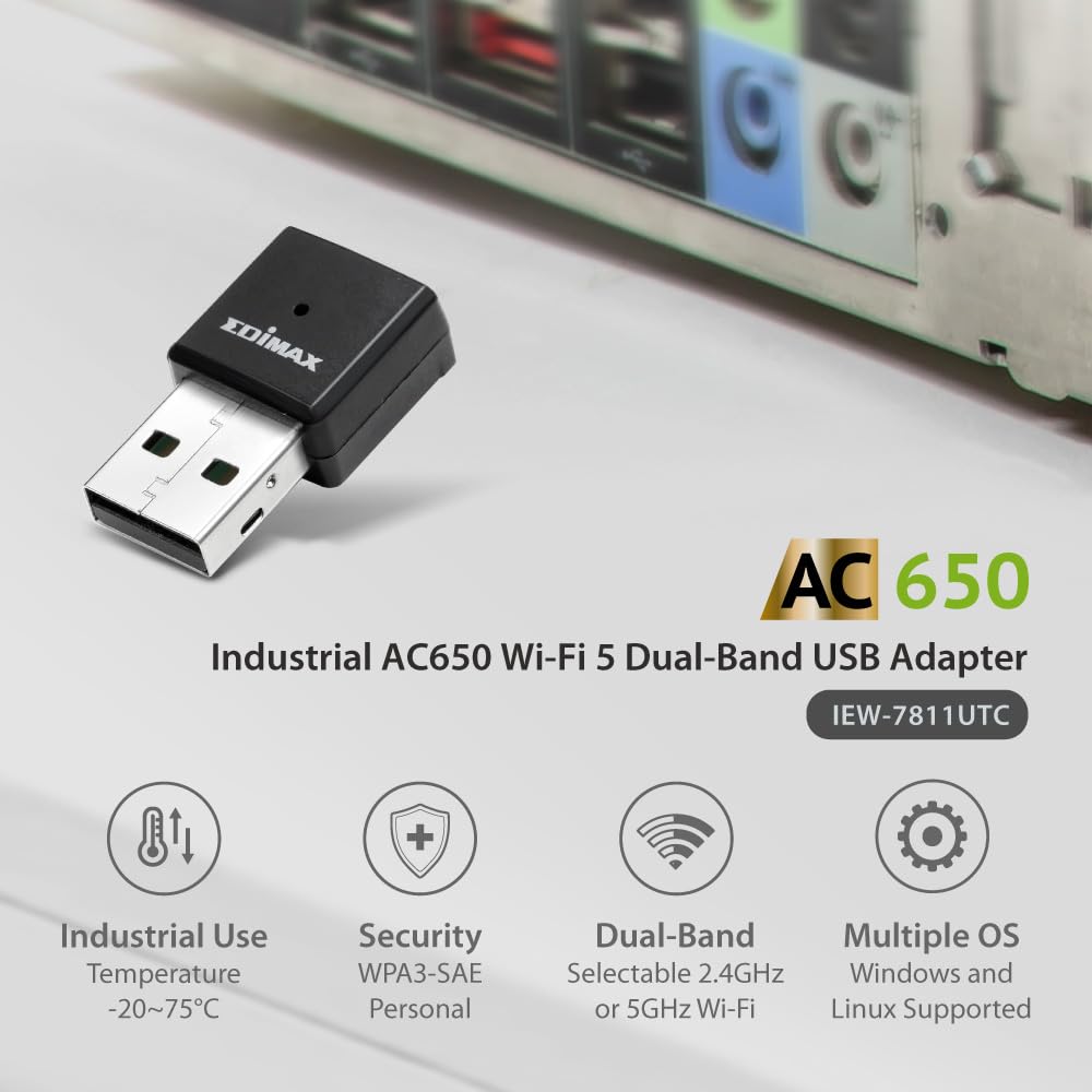 EDiMAX Wi-Fi 5 802.11ac Industrial Grade AC650 Dual-Band Wireless Networking USB Adapter for PC and Embedded Systems, Windows, Linux, Extreme
