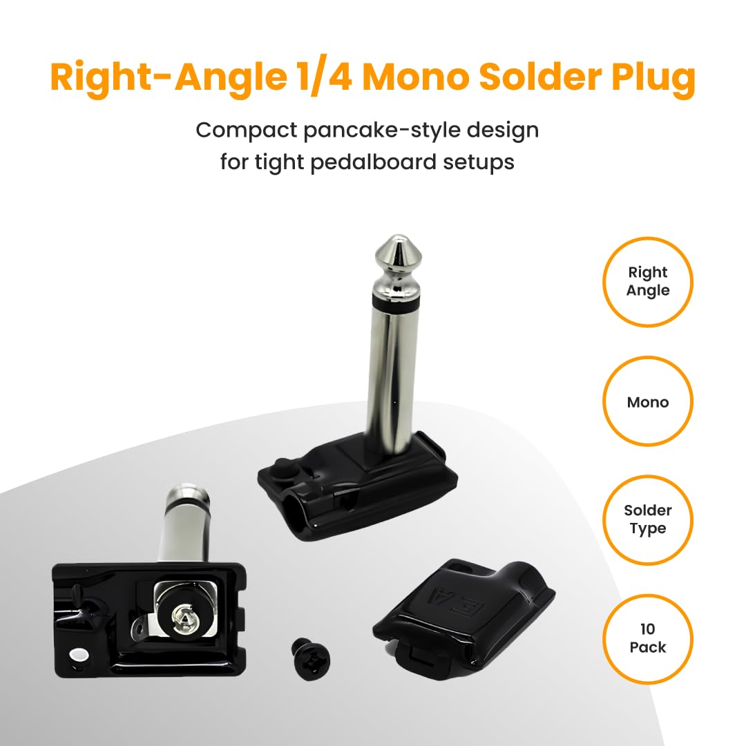 Evidence Audio ESP 1/4? Right Angle Mono Plug (10 Pack) - Soldered Pancake Style TS Connector for 5mm Cable, High Copper Brass, Low Profile Pedalboard