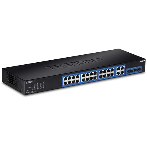 TRENDnet 28-Port Gigabit Web Smart Switch, 24 x Gigabit Ports, 4 x Shared Gigabit Ports (RJ-45/SFP), VLAN, QoS, LACP, IPv6, 56Gbps Switching Capacity