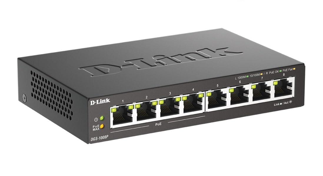 D-Link PoE Switch, 8 Port Ethernet Gigabit Unmanaged Desktop Switch with 4 PoE Ports 68W Budget (DGS-1008P),Black
