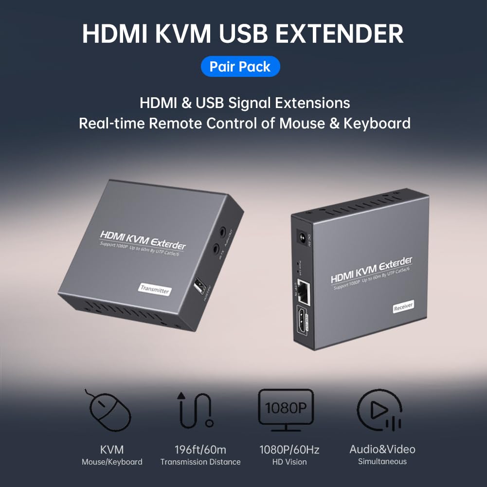 HDMI KVM Extender Over Cat5e/6 1080P Transmits Up to 196ft/60m, with 2 USB Ports Supports Mouse and Keyboard Remote Control, Feature Audio Extractor