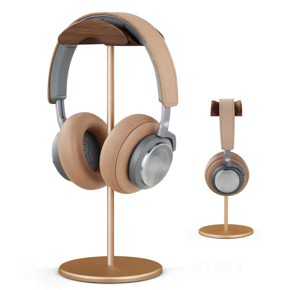 Micool Headphone Stand, Aluminium and Wood Gaming Headset Stand Holder for All Size Headphones with Stable Heavy Base, Headphone Holder for Desk