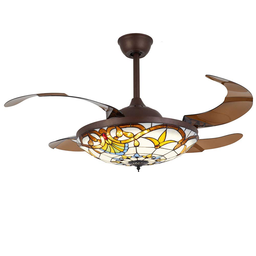 YIYIBYUS 42 Inch Tiffany Style Fan Chandelier Light with Controller,Led Crystal 3 Color Change Retractable Ceiling Fans Light Without Frequency