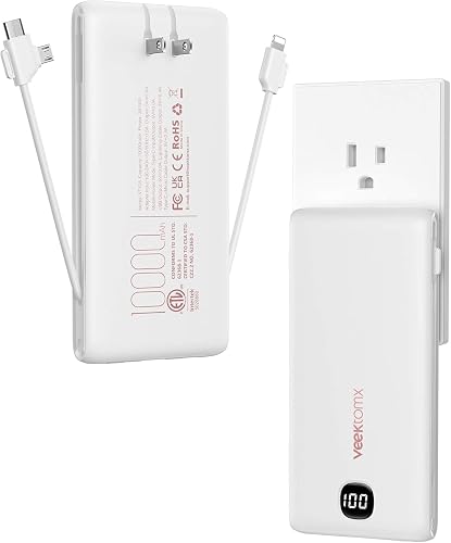 VEEKTOMX Portable Charger with Built in Cables 10000mAh, Power Bank for iPhone with Wall Plug, Travel Essential Fast Charging Slim USB C External