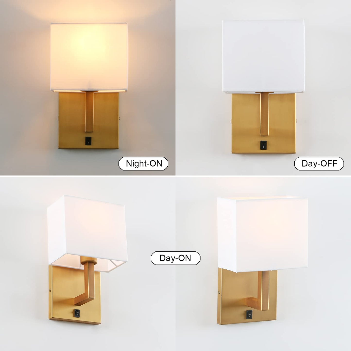 PERMO Set of 2 Wall Sconce Hardwired Light Fixtures Wall Light with White Linen Shades and On/Off Switch Modern Bedside Sconce for Bedroom Reading