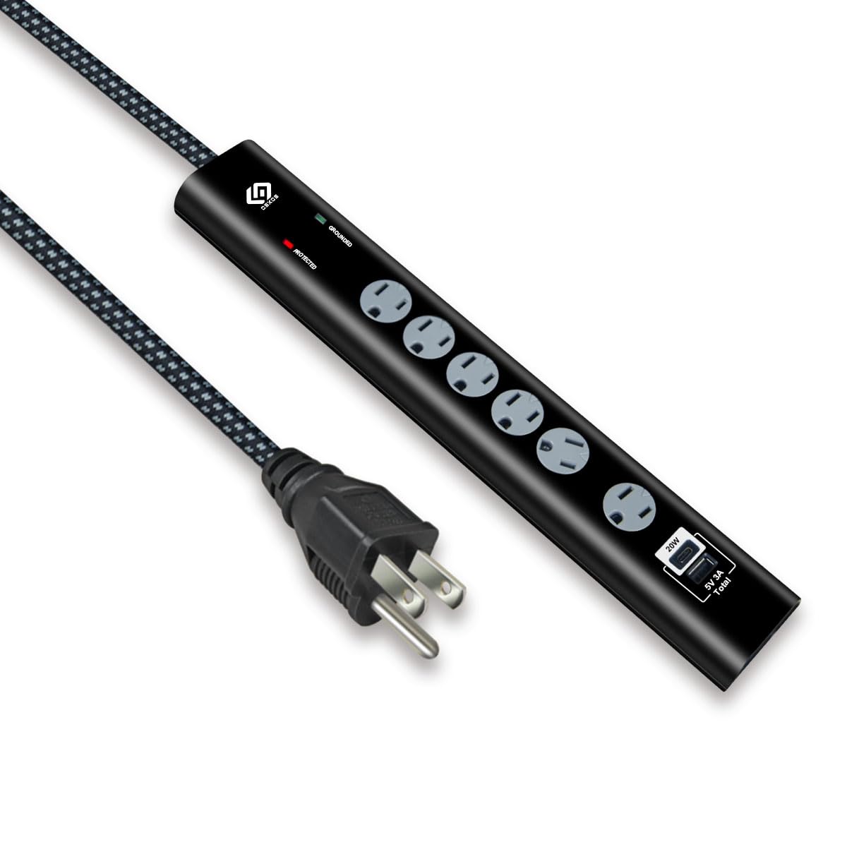 OSKOS PD20W USB-C Charger, Two USB Ports (1A1C), 6 outlets Power Strip with 6FT 14/3 Braided Cord, 1080 Joules Surge Protected, 15A Built-in Circuit