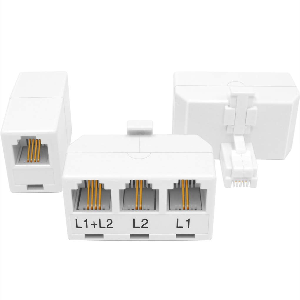 NECABLES 2+1Pack 2pcs Phone Jack Splitter 2 Line Adapter RJ11 1 Male to 3 Females (L1, L2, L1+L2) and 1pc Telephone Line Coupler White